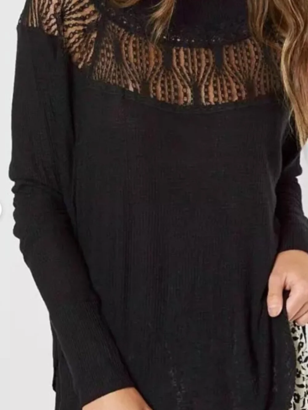 Free People Black Knit Lace Yoke Long-sleeve Top